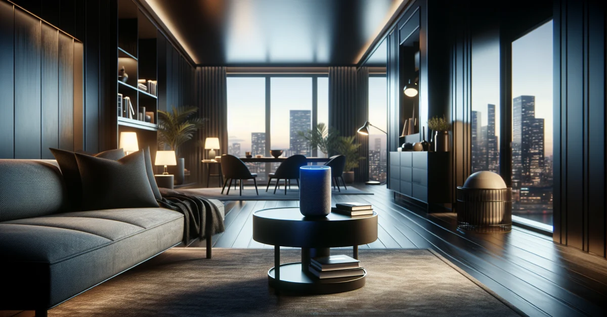 Moderne Wohnumgebung mit einem Smart Speaker auf einem Tisch, der die Integration von Technologie in den Alltag symbolisiert.