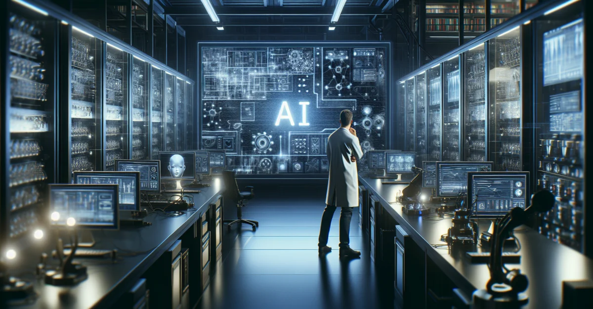 Ein Wissenschaftler beobachtet KI-generierte Daten in einem modernen Labor. Die Szene betont die Herausforderungen und Chancen der KI in komplexen Systemen.