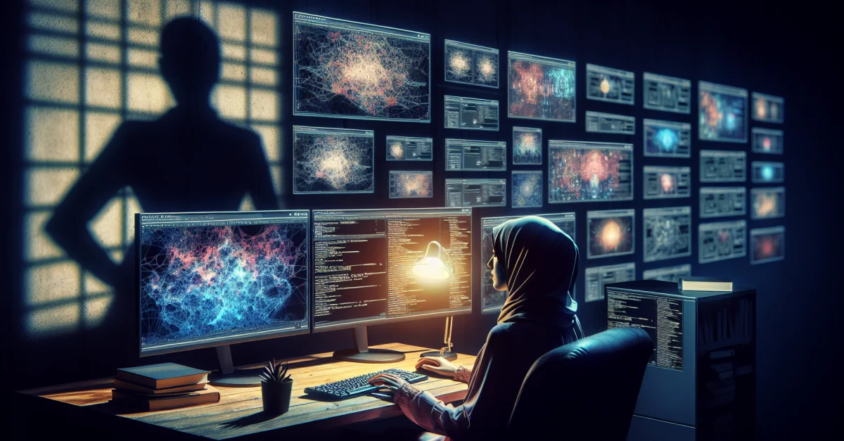 Eine Person sitzt in einem dunklen Raum an einem Schreibtisch, umgeben von Bildschirmen, die generative KI-Ausgaben zeigen. Die Szene verdeutlicht die Risiken der Technologie.