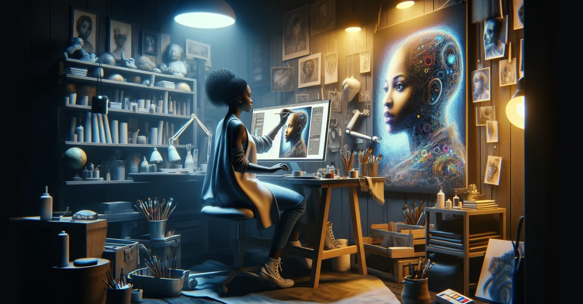 Eine digitale Künstlerin prüft ihre Werke im Vergleich zu KI-generierten Bildern in einem künstlerischen Studio. Thema: Urheberrechtsschutz für Künstler.
