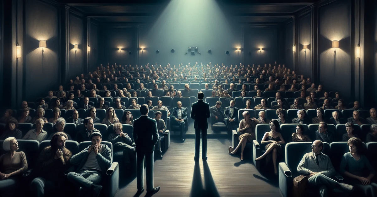 Ein Publikum in einem dunklen Kino ist von einem kraftvollen Film gefesselt, der innovative Erzählweise und starke Darstellungen bietet.