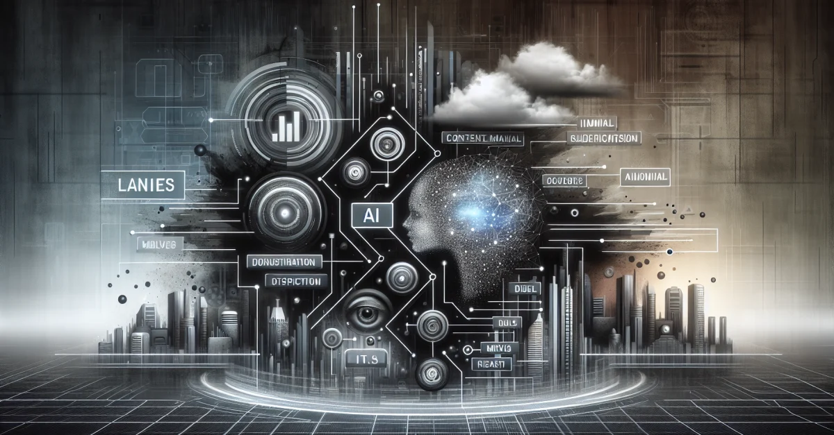 Ein digitales Interface zeigt KI-generierte Inhalte mit Kennzeichnungen. Die Bildkomposition verdeutlicht die Wichtigkeit von Transparenz in der KI-Welt.