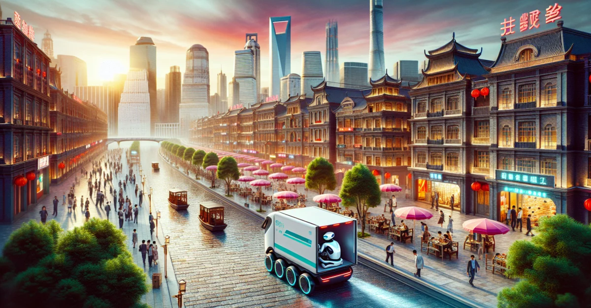 Futuristischer Lieferroboter navigiert durch eine belebte Stadt, inspiriert von Pokémon Go, mit präziser KI-Technologie für die Logistik.