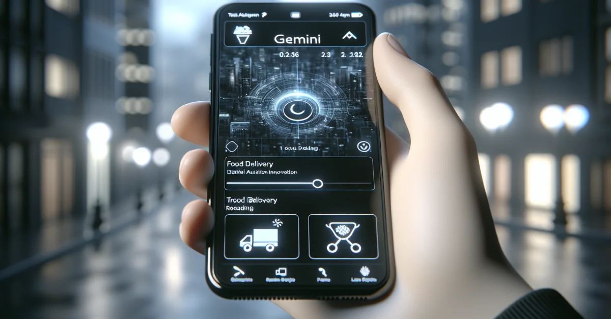 Nahaufnahme eines Smartphones mit der Task-Automatisierungsfunktion von Gemini, die eine Essensliefer-App zeigt. Hintergrund unscharf.