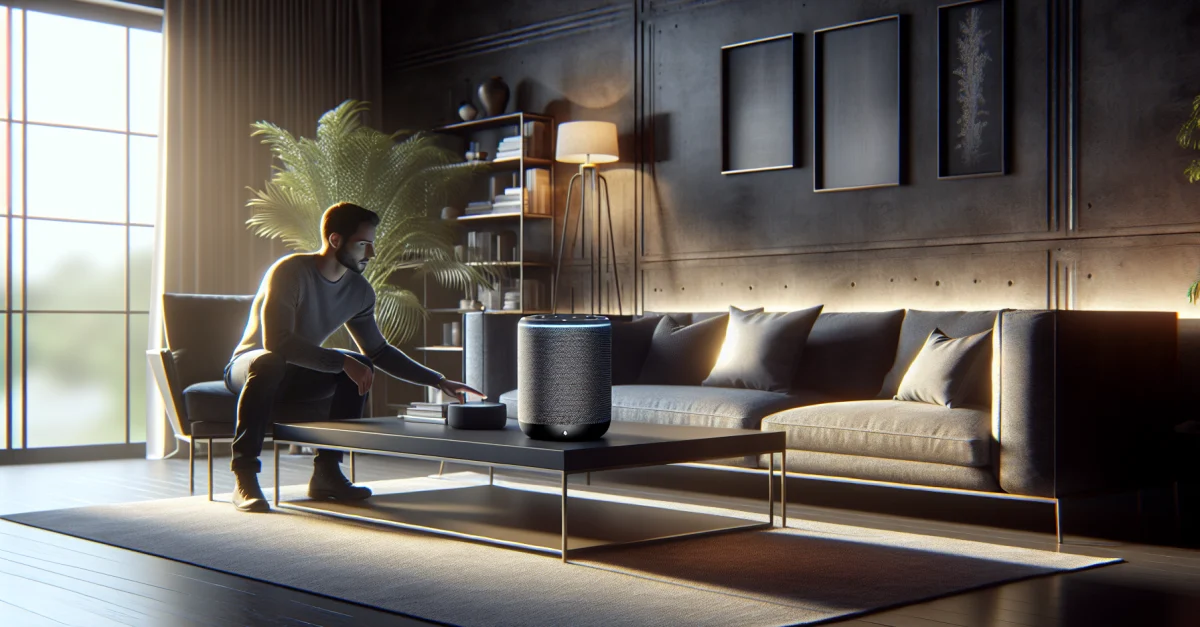 Moderne Wohnzimmer mit stilvollem Smart Speaker auf dem Tisch. Die Szene zeigt die Verbindung von Technologie und zeitgenössischem Design.