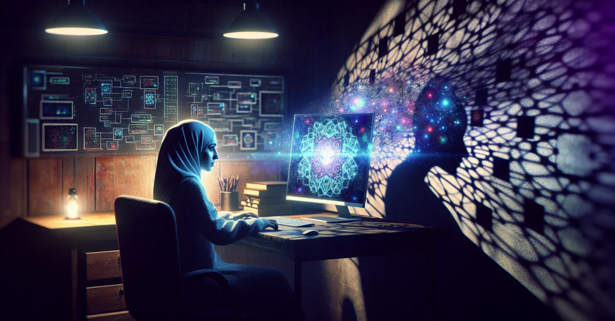 Eine Person sitzt an einem Schreibtisch, beleuchtet vom Bildschirm einer generativen KI. Die Szene reflektiert die Risiken und Chancen dieser Technologie.