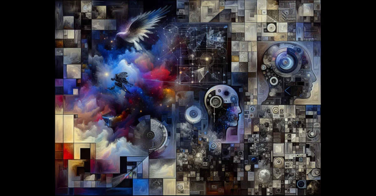 Künstlerische Darstellung der Spannungen zwischen Urheberrecht und KI-generierten Bildern im digitalen Zeitalter. Betonung auf den Schutz für Künstler.