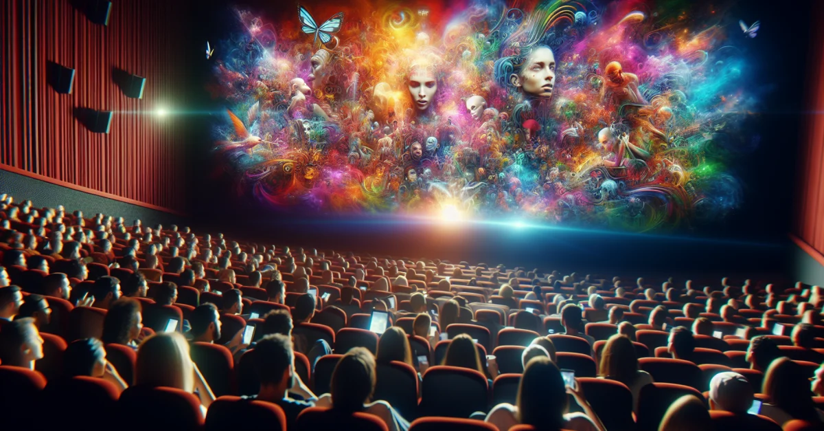 Ein Publikum in einem Kino betrachtet gebannt einen Film, während die Atmosphäre von Kunst und Technologie geprägt ist. Ein möglicher Film des Jahres wird präsentiert.