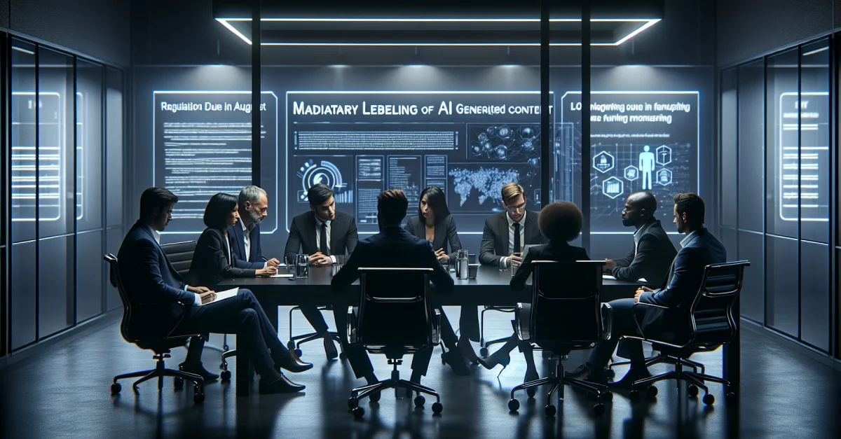 Eine Gruppe von Fachleuten diskutiert in einem modernen Büro über die verpflichtende Kennzeichnung von KI-Inhalten. Die Atmosphäre ist angespannt und ernst.