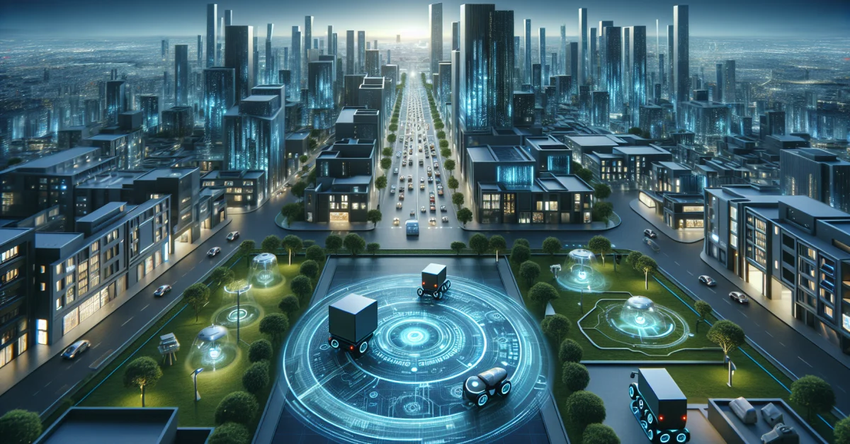 Futuristische Stadtansicht mit Lieferrobotern, die präzise durch urbane Umgebungen navigieren. Darstellung moderner Architektur und städtischer Sehenswürdigkeiten.