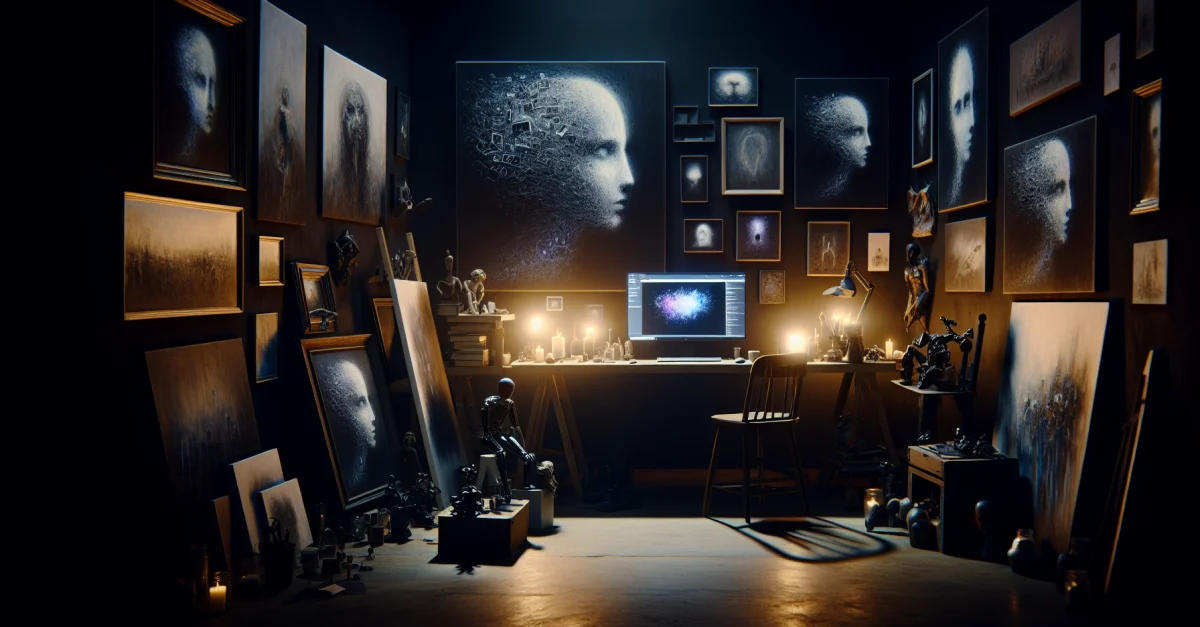An artist's studio featuring various artworks and a computer displaying AI-generated images, highlighting the need for artists to protect their creations from AI theft.