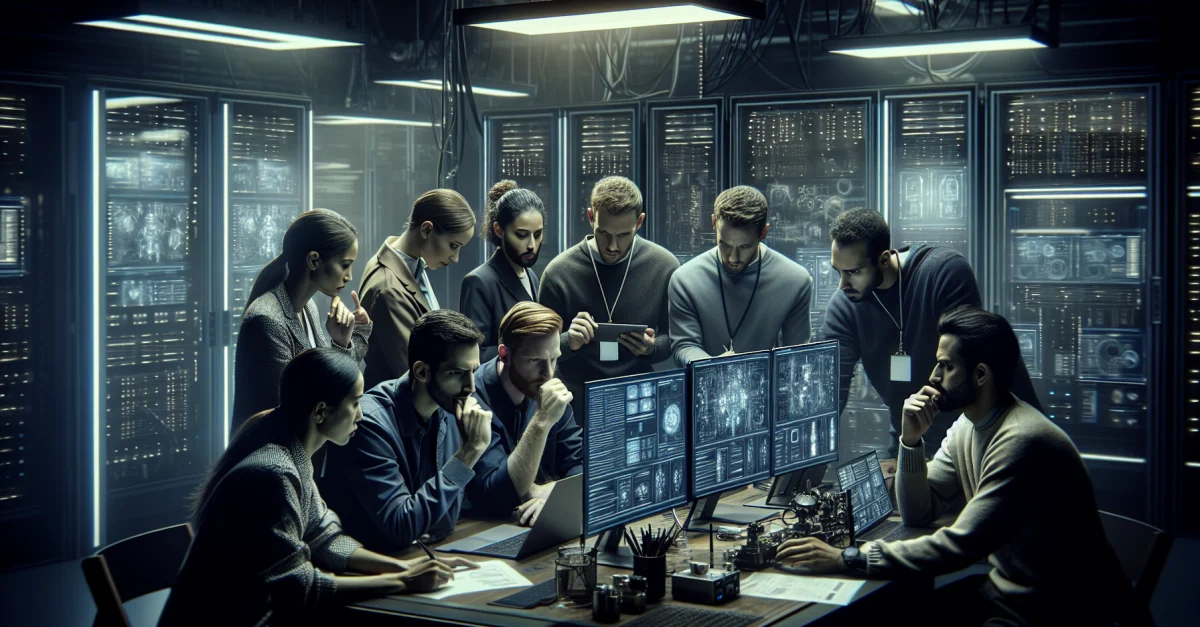 Wissenschaftler diskutieren in einem Labor über die Grenzen der KI und deren Fähigkeit, komplexe Systeme zu entwerfen. Verantwortung und gezielte Nutzung stehen im Fokus.