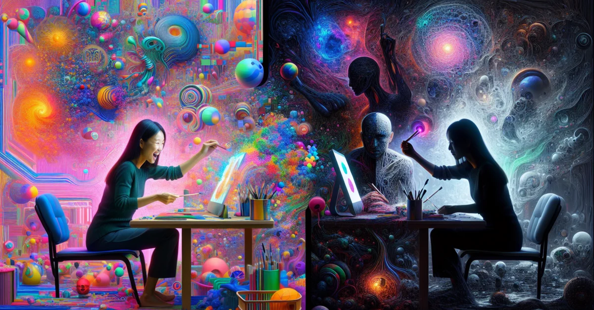 Ein digitales Kunstwerk, das die Spannung zwischen der Begeisterung für generative KI und den ethischen Dilemmata darstellt. Es zeigt einen Künstler und eine schattenhafte Figur.