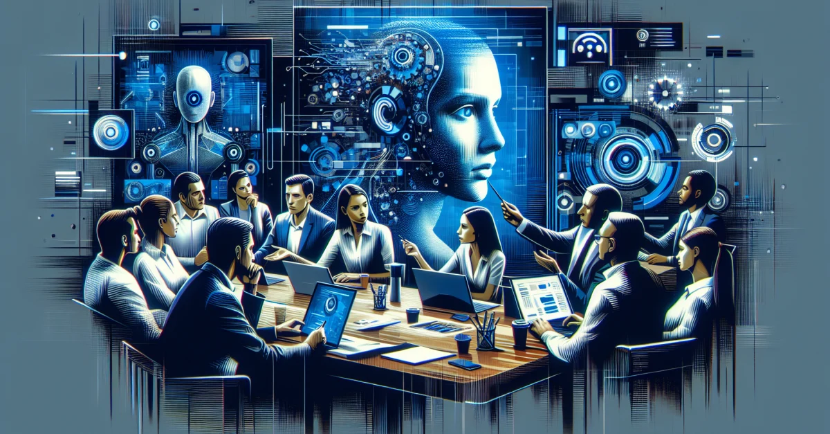 Professionelle diskutieren über die verpflichtende Kennzeichnung von KI-Inhalten. Die Szene zeigt die Dringlichkeit des Themas und die Herausforderungen für Unternehmen.