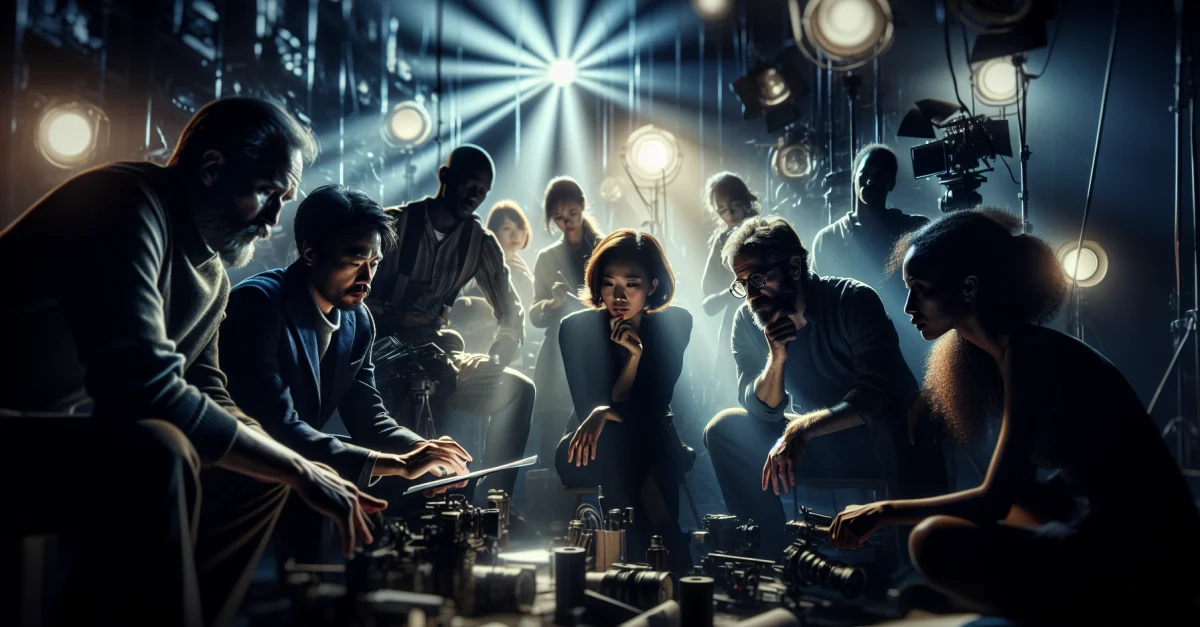Eine Filmszene mit einem kreativen Team, das über kulturelle und soziale Aspekte des Kinos diskutiert. Die Atmosphäre ist inspirierend und nachdenklich.