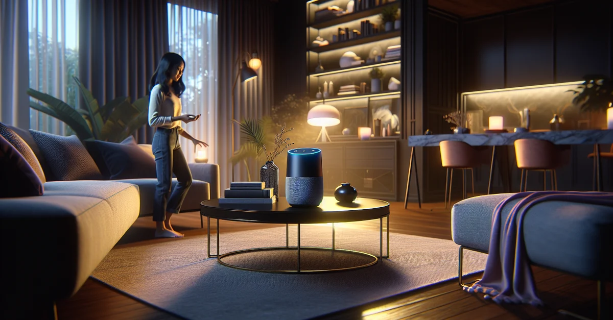 Moderne Wohnlandschaft mit einem Smart Speaker auf einem Tisch. Nutzer interagiert neugierig mit dem Gerät, das für sarkastische Antworten programmiert ist.