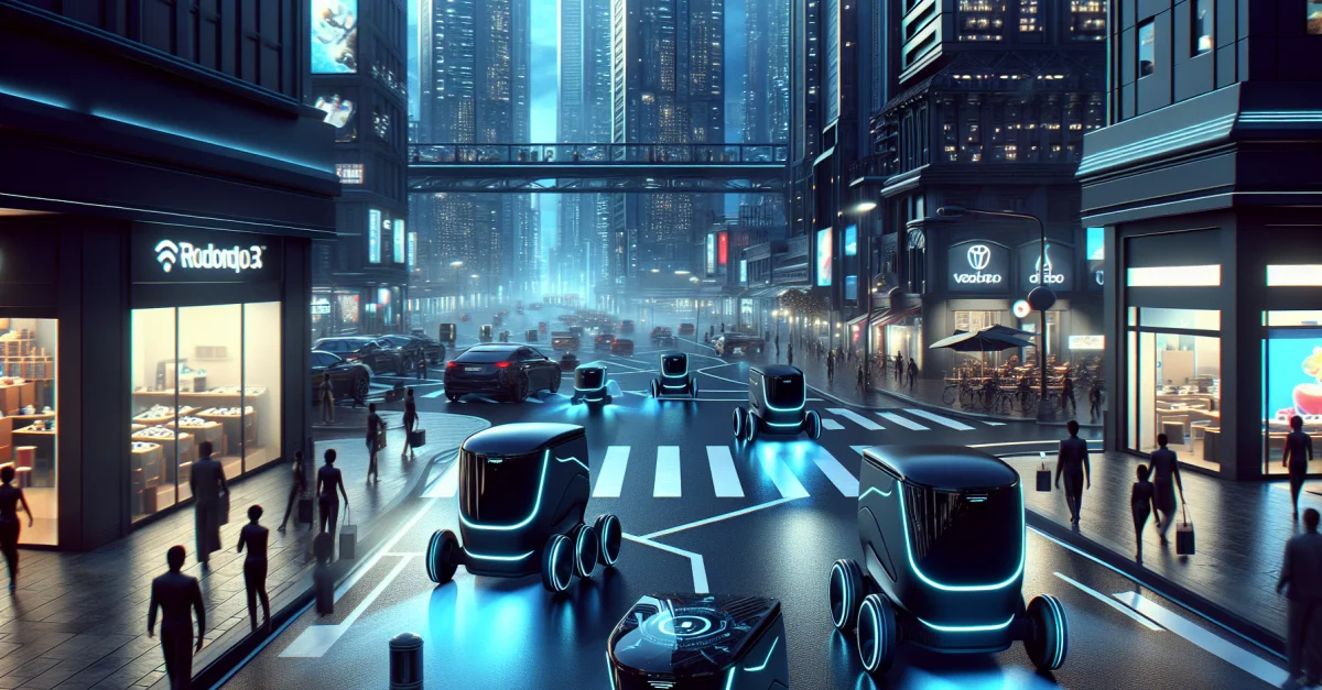 Lieferroboter navigieren präzise durch eine moderne Stadt, inspiriert von Pokémon Go, und zeigen die Integration von KI in städtische Umgebungen.