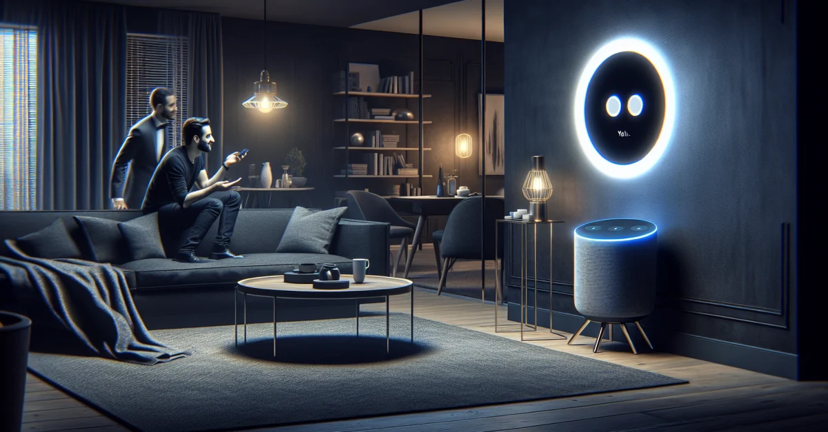 Moderne Wohnzimmereinrichtung mit einem Amazon Echo, das humorvolle Antworten gibt. Benutzer interagiert mit Alexa in einer stilvollen Umgebung.