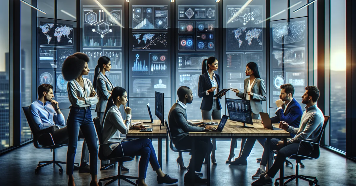 OpenAI-Chefwissenschaftler Jakub Pachocki diskutiert die Grenzen der KI-Technologie in einem modernen Büro. Fachleute analysieren KI-Daten.