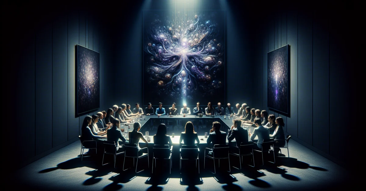 A group of artists and technologists intensely discusses generative AI in a dimly lit room. The scene highlights the moral challenges posed by this technology.