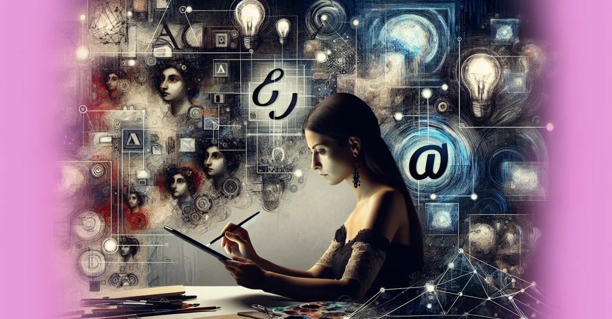 Ein digitaler Künstler arbeitet an einem Tablet, umgeben von Kunstwerken. Das Bild thematisiert den Schutz von Künstlerrechten im Zeitalter der KI.