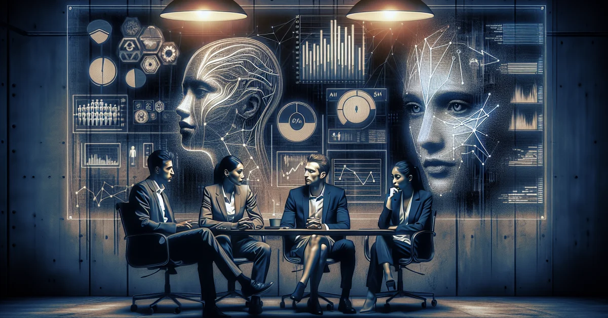 Professionals engaged in a discussion about mandatory AI content labeling in an office, reflecting the urgency of upcoming regulations.