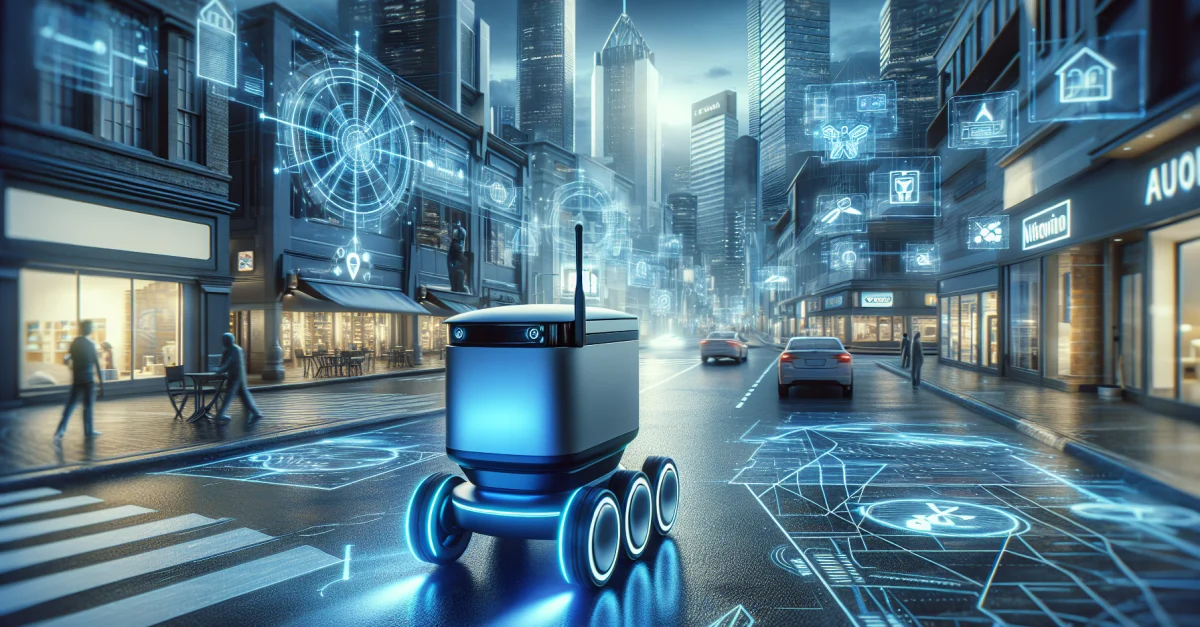 A delivery robot navigates a modern urban landscape, inspired by Pokémon Go, utilizing AI technology for precise navigation.