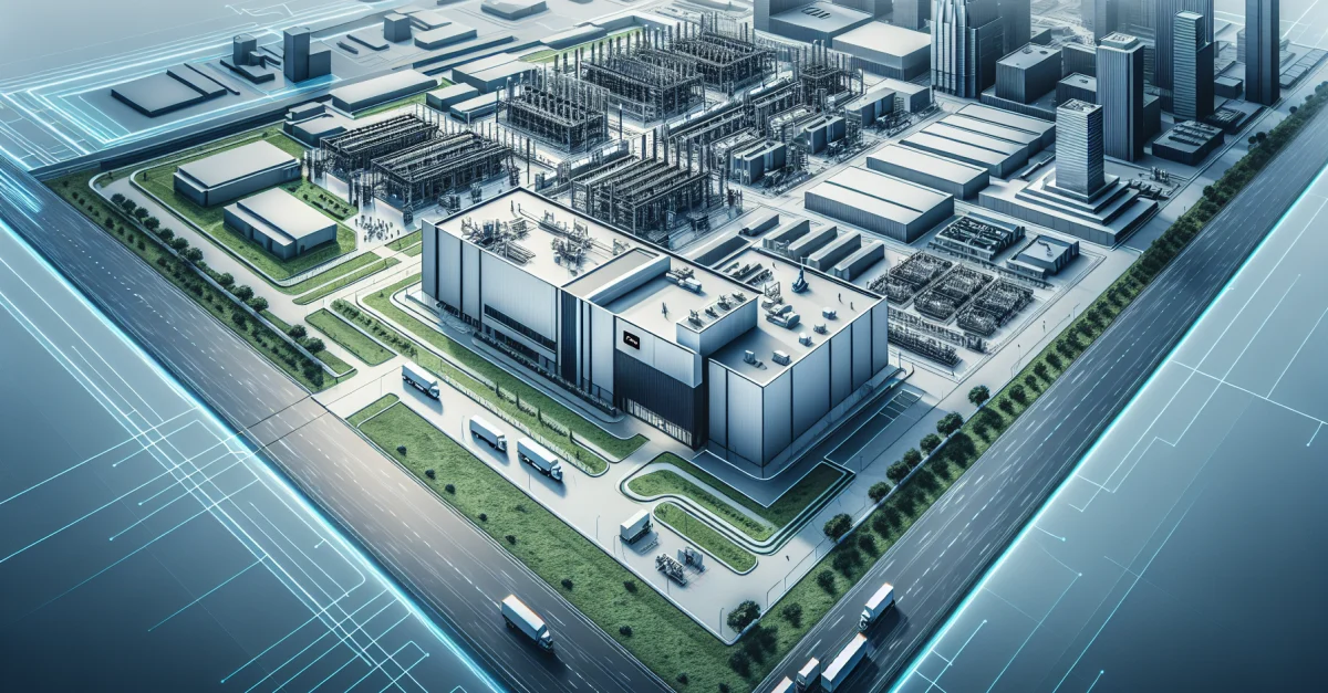 Luftaufnahme eines modernen Chip-Herstellungswerks in Austin, Texas, das fortschrittliche Technologie und Aktivitäten zeigt.