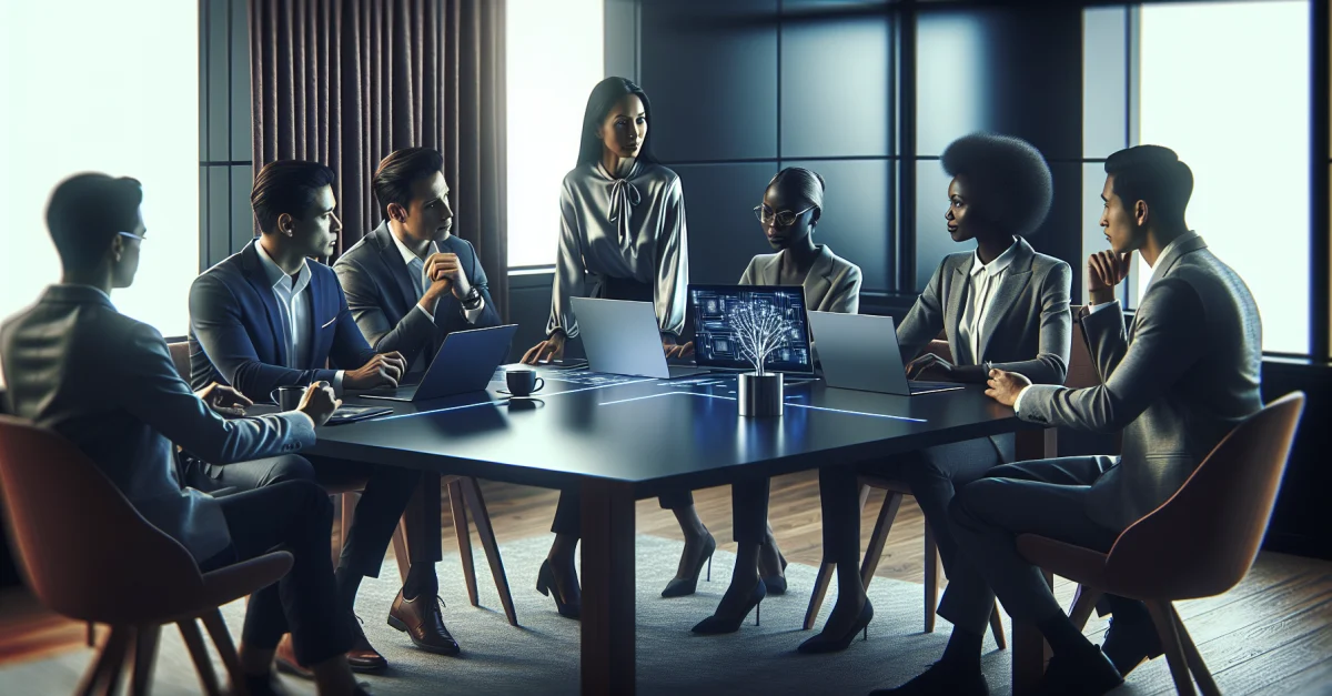 A professional team discusses practical AI applications in a modern office, symbolizing a focus on genuine technology advancements.