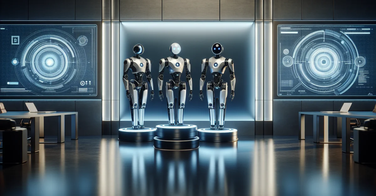 Three Xiaomi MiMo AI models displayed in a modern workspace, surrounded by subtle lighting, representing innovative technology and automation.