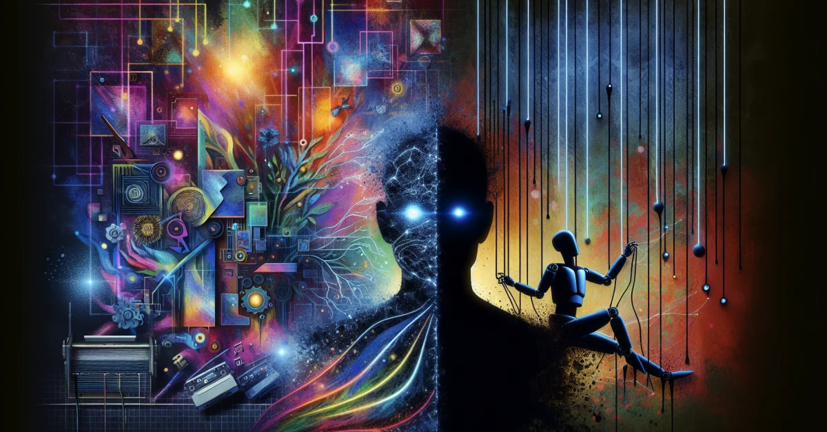 Eine bildliche Darstellung der Dualität der generativen KI: Kreativität vs. Kontrolle. Die Schattenseite symbolisiert die Gefahr der Eugenik.