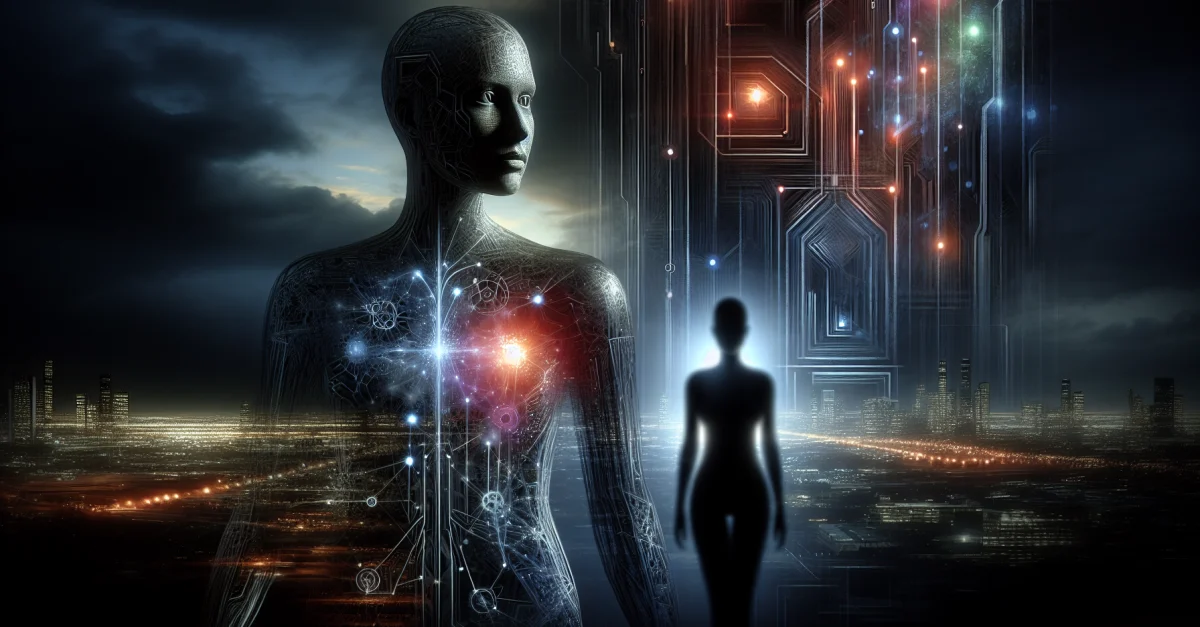 Eine menschliche Silhouette steht im Vordergrund, überschattet von einer abstrakten Darstellung der KI, die die Herausforderungen in der KI-Forschung symbolisiert.