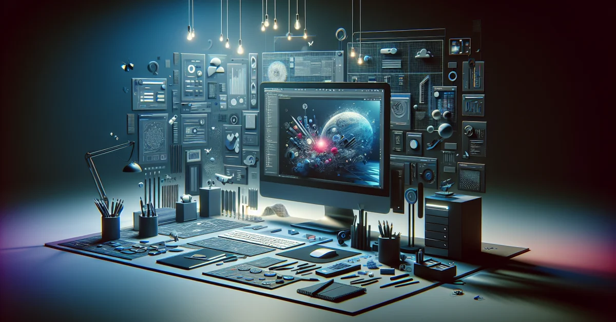 Modern workspace with a computer setup and design tools, highlighting creativity in frontend design with GPT-5.4.