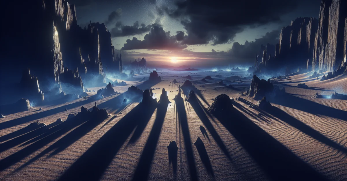 Düstere Wüstenlandschaft, die die Kontroversen um Crimson Desert widerspiegelt. Fokussiert auf ethische Bedenken zu KI-generierter Kunst im Gaming.