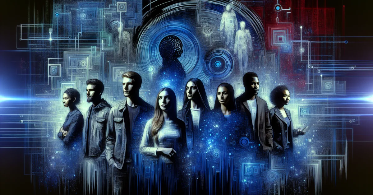 Eine diverse Gruppe von Menschen steht entschlossen gegen Datenmonopole, symbolisiert durch abstrakte Datenströme. OpenSeeker revolutioniert die KI-Suche.