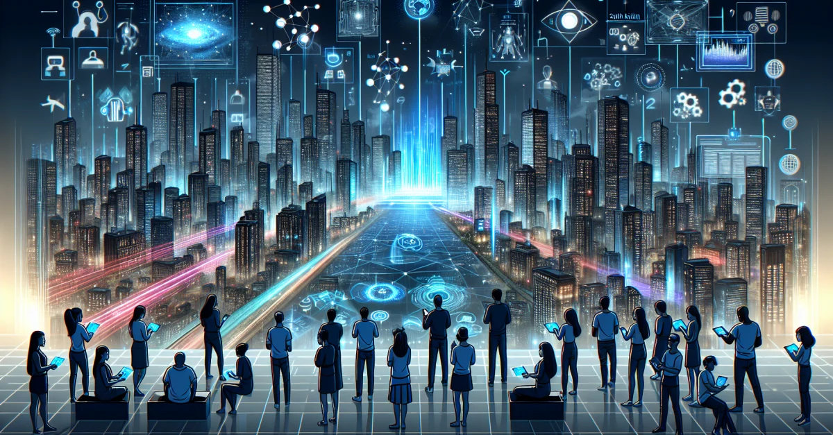 Futuristische Stadtansicht mit virtuellen Elementen, die das Metaverse und KI-Entwicklungen symbolisieren. Menschen interagieren mit Augmented Reality-Geräten.