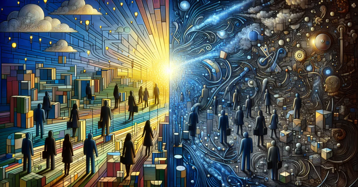 Bild zeigt den Kontrast zwischen den Chancen und Risiken der KI-Optimierung durch Experten-Personas in einem gespaltenen Landschaftsbild.