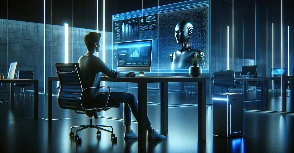 Ein moderner Arbeitsplatz mit einem Benutzer, der mit einem Desktop-Computer und einer KI-Oberfläche interagiert, die die Integration von Claude zeigt.