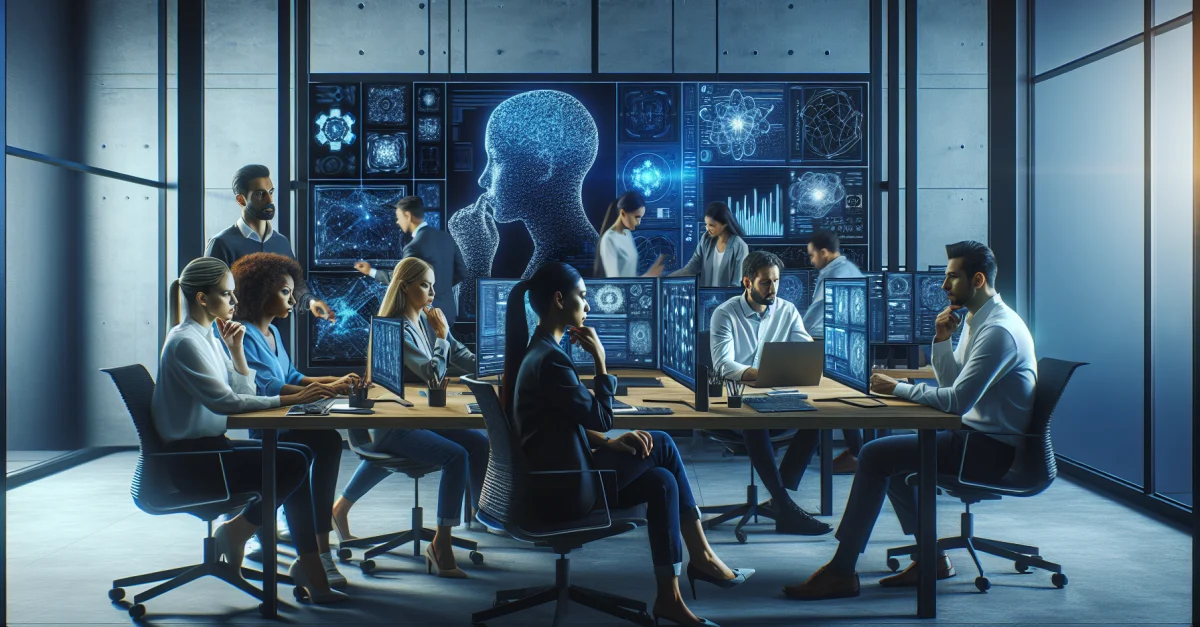 A team of engineers and designers collaborates on Luma AI's Uni-1, an AI model for image processing. The scene captures creative teamwork in a modern workspace.
