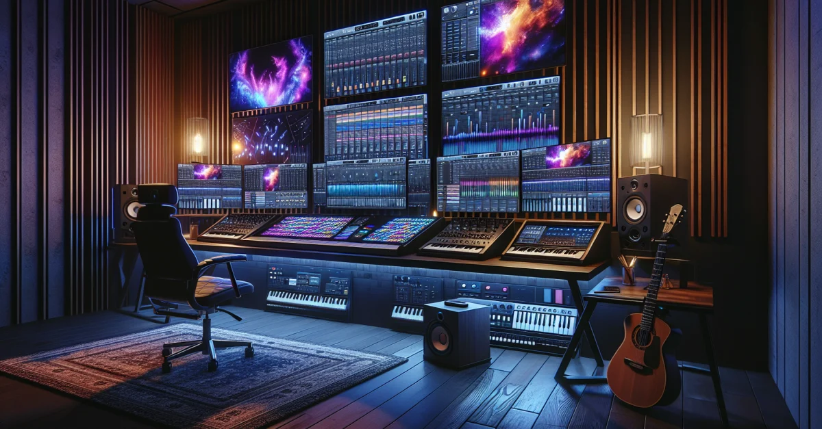 Moderne Musikproduktionsumgebung mit Hochleistungscomputer und Instrumenten, die die Zukunft der Musikproduktion symbolisiert.