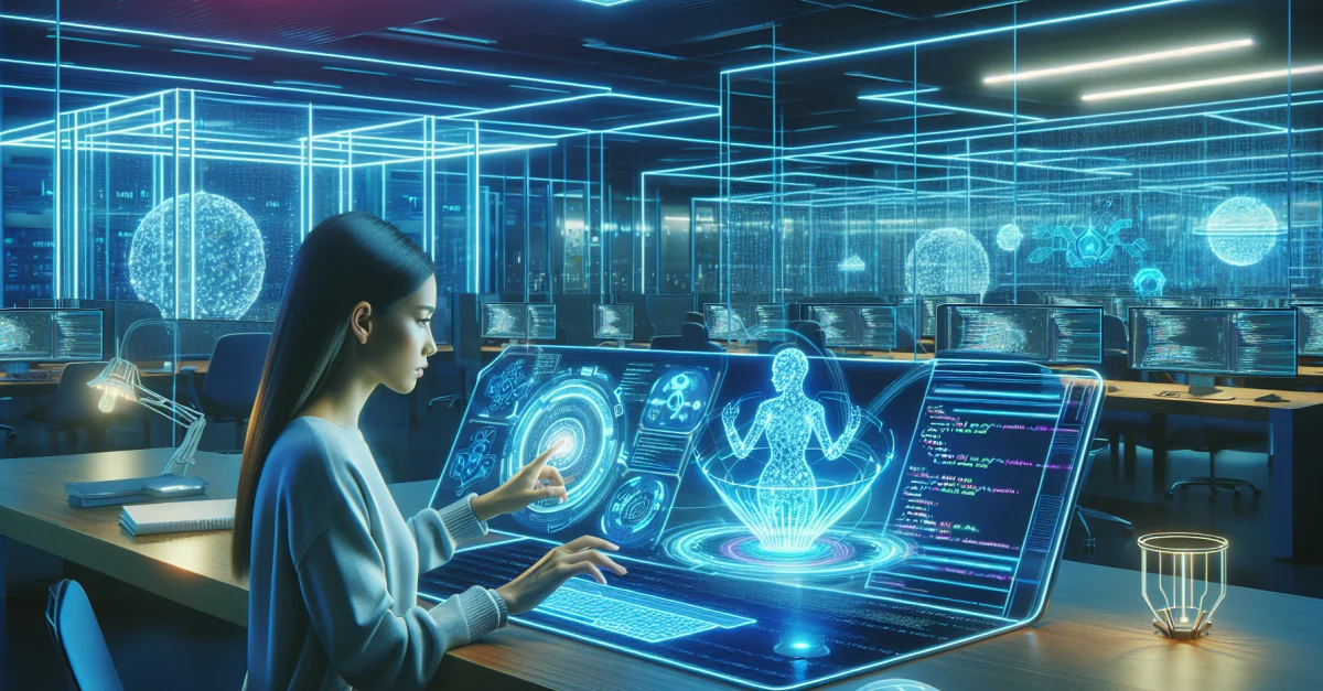 Futuristic workspace with a developer interacting with a holographic interface, symbolizing Mozilla's Project cq for AI coding agents.