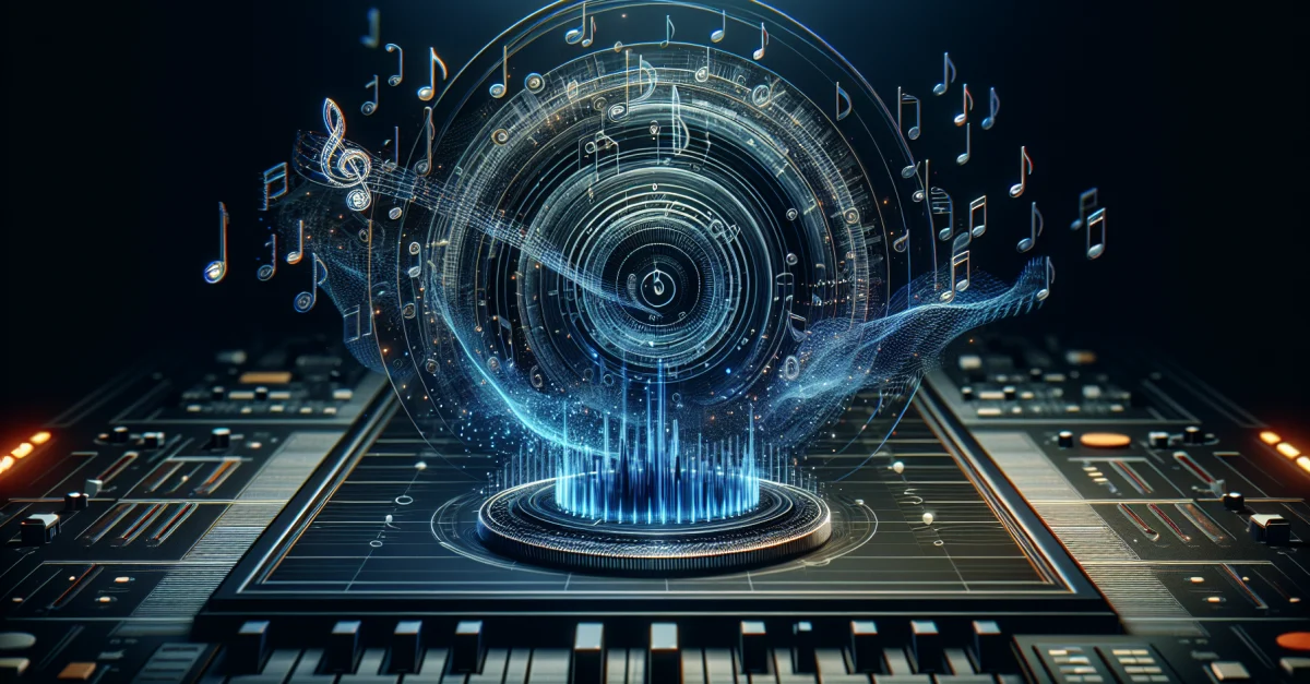 Lyria 3, ein innovatives Musikgenerationsmodell, zeigt futuristische Klänge und kreative Prozesse in einem modernen Interface.