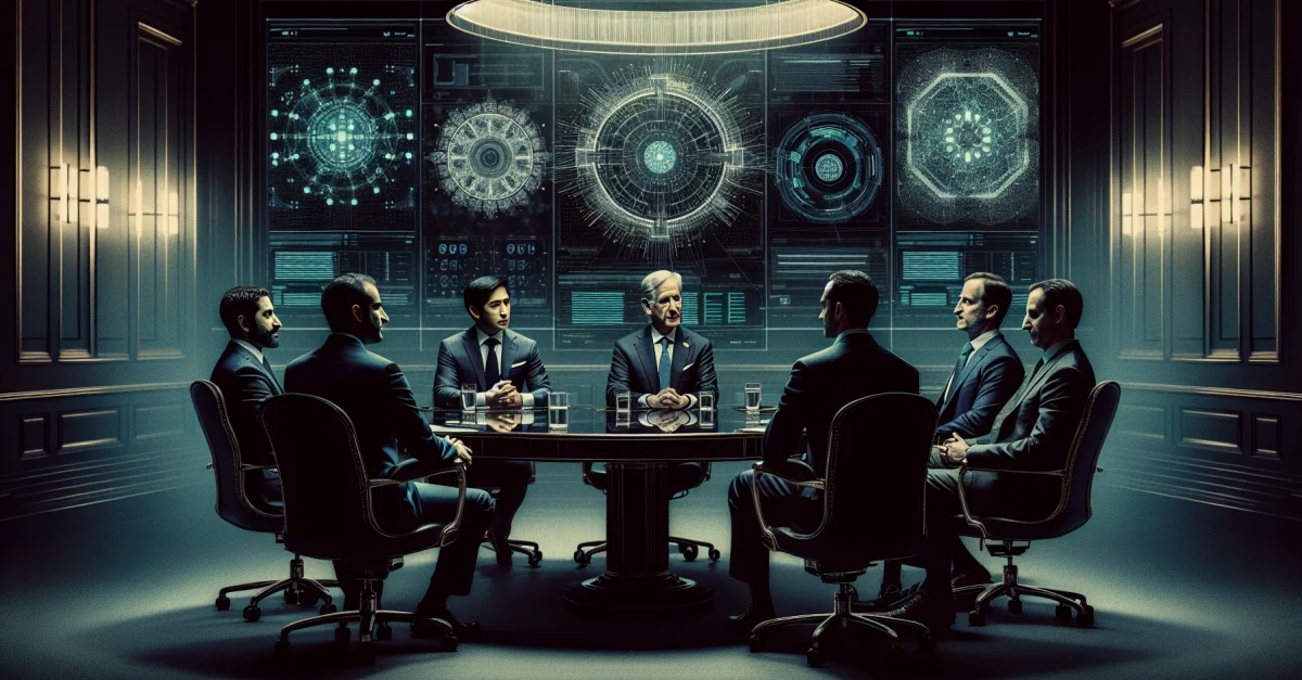 Mark Zuckerberg, Jensen Huang, Larry Ellison, and Sergey Brin in Trump's technology advisory board, discussing AI policy and technology governance.