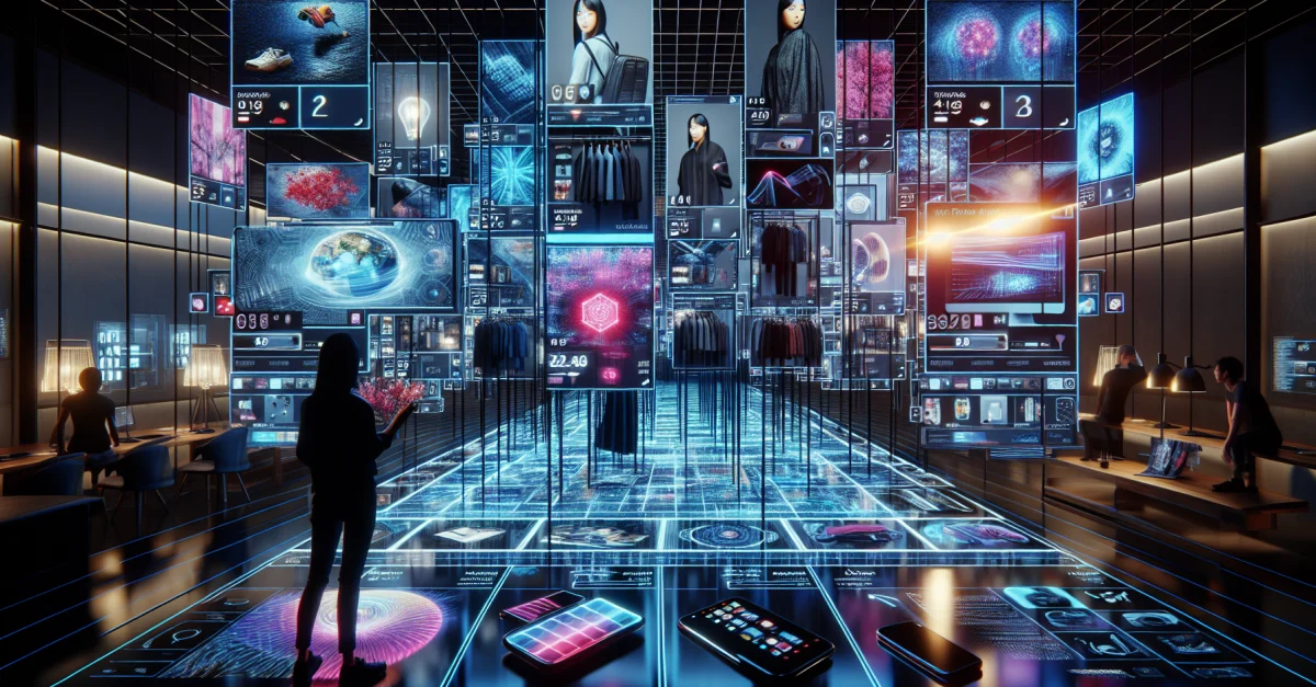 Ein Benutzer interagiert mit einer modernen visuellen Einkaufsoberfläche, die verschiedene Produkte zeigt, einschließlich Preise und Vergleichsoptionen.