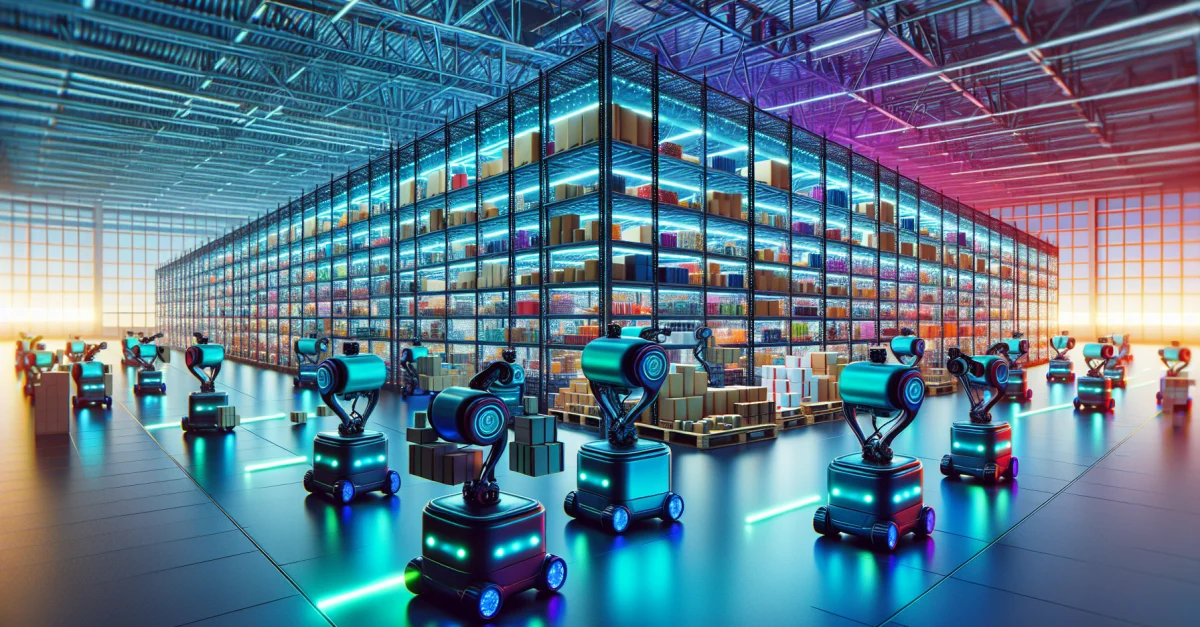 Moderne Lagerlogistik mit autonomen Robotern, die effizient Waren transportieren und Staus vermeiden, dank KI-Technologie.