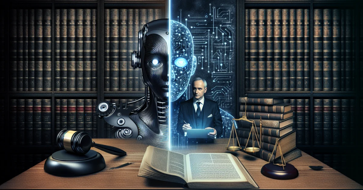Ein Bild, das die Dualität von KI in der Rechtsberatung zeigt: einen modernen Chatbot und ein traditionelles Anwaltsbüro, das menschliche Expertise betont.