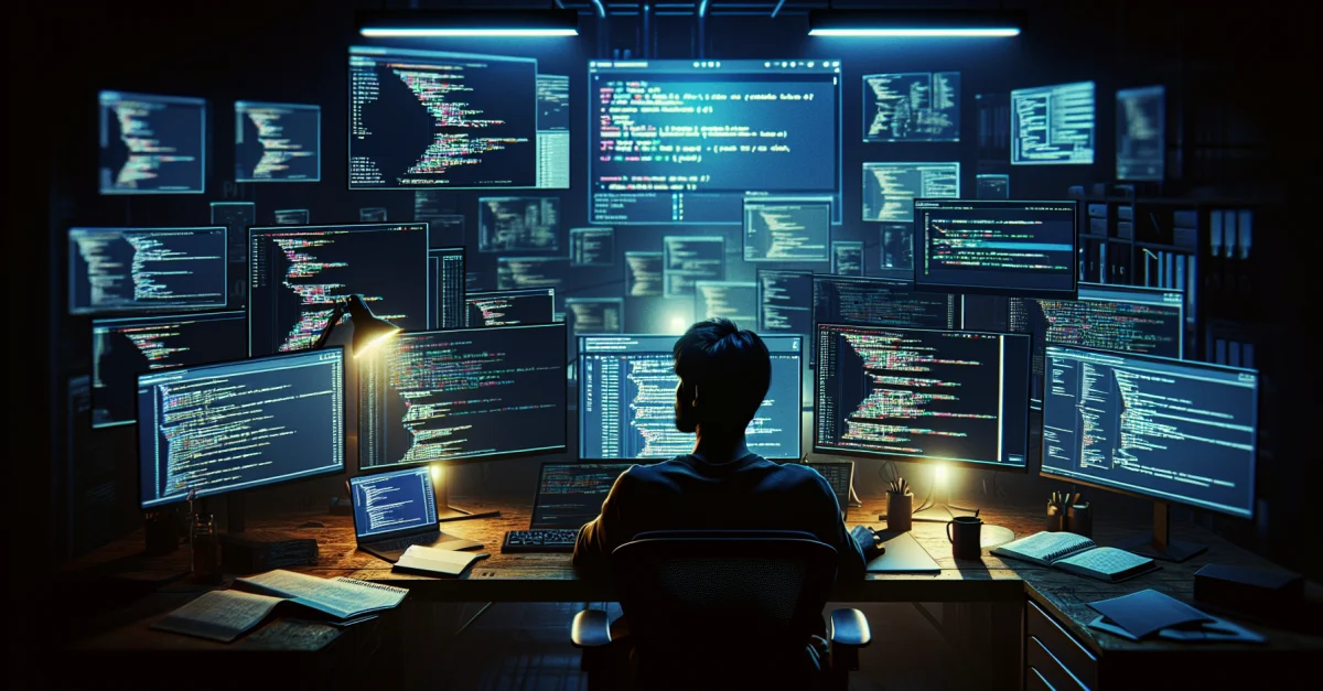 Entwickler in einem dunklen Arbeitsraum, umgeben von Bildschirmen, die GitHub und Code zeigen. Fokus auf die neuen Datenrichtlinien für Copilot ab April 2026.