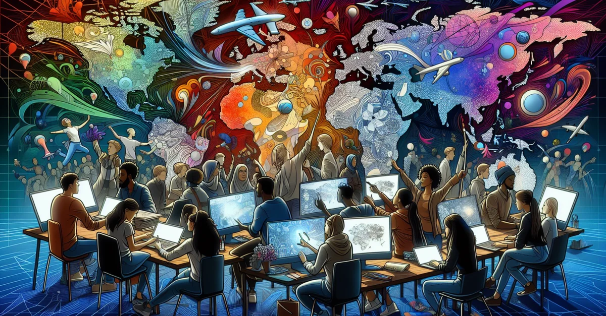 Illustration von Künstlern, die über digitale Geräte zusammenarbeiten, um die Auswirkungen von KI-Lokalisierung in der Webtoon-Industrie zu zeigen.