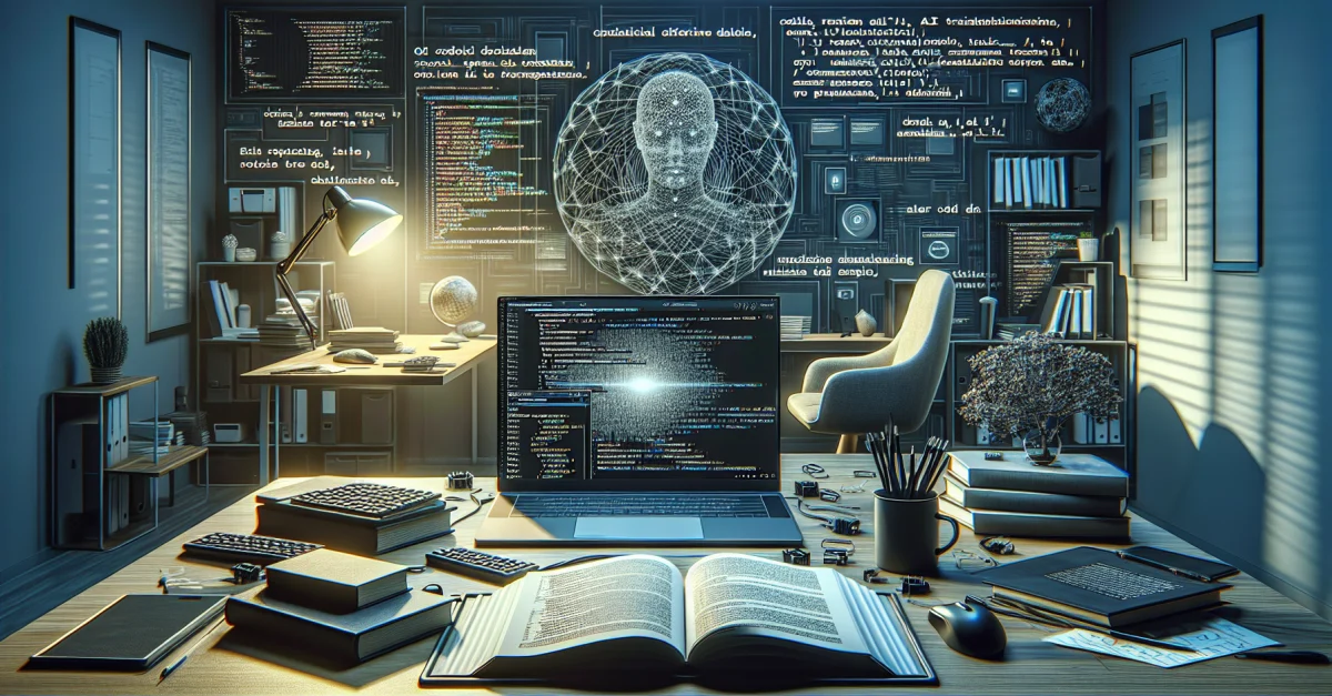 Developer workspace with a laptop and notes on AI ethics, visualizing the discussion around GitHub and Copilot training.