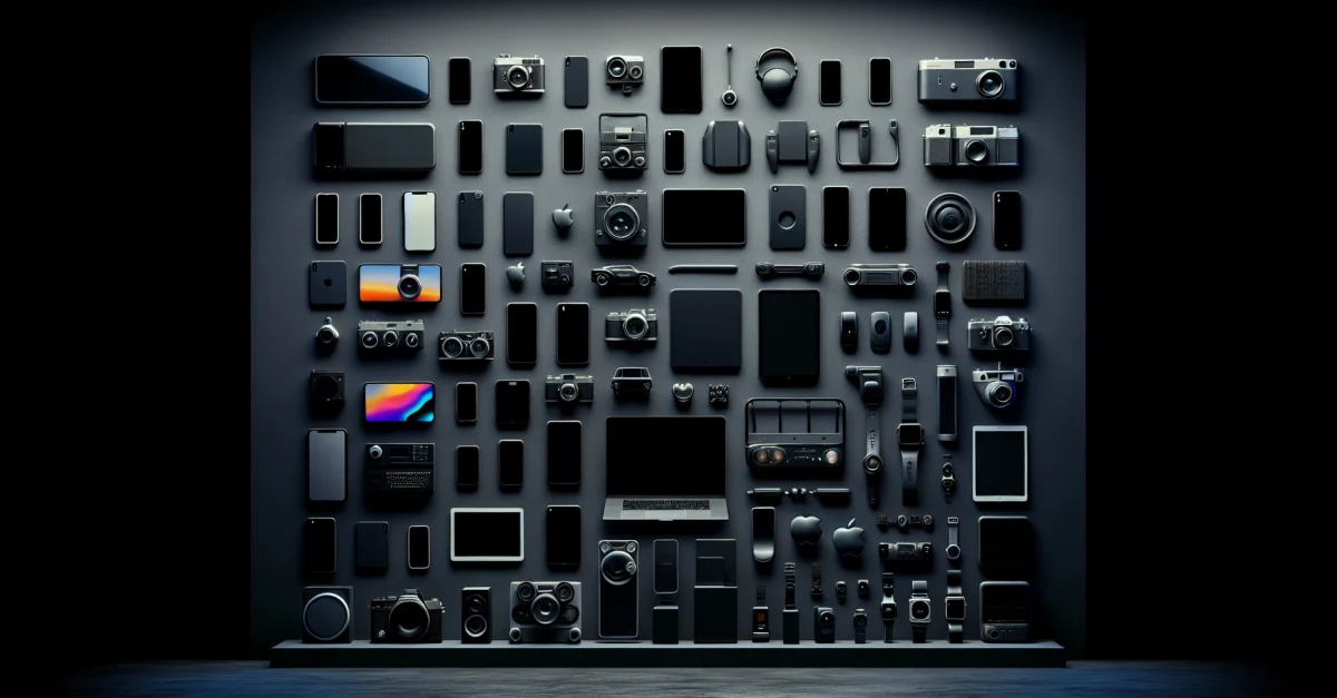 Eine künstlerische Anordnung ikonischer Apple-Produkte, die die Entwicklung der Technologie zeigt. Ideal für Artikel über die besten Apple-Produkte.